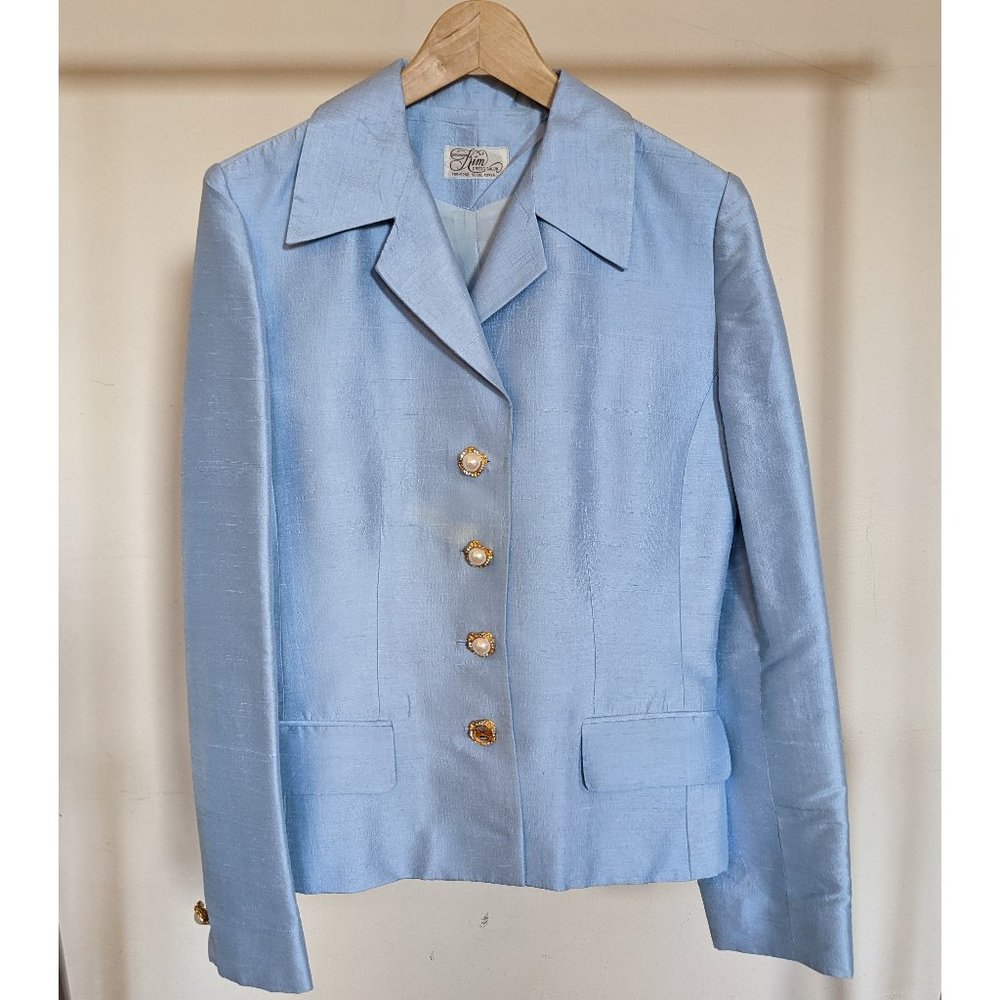 custom ice blue raw Thai silk skirt suit late 90s vintage